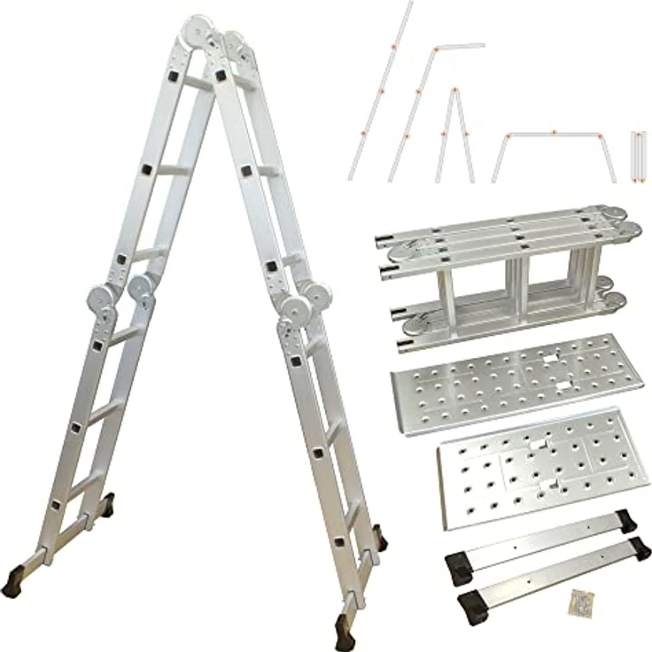 Alu Multifunktionsleiter | 12 Sprossen Leiter klappbar 4-teilig | 356 cm Länge | Gelenkleiter Leitergerüst Klappleiter Stehleiter Aluleiter Anlegeleiter Bockleiter | bis 150 kg – Bild 1