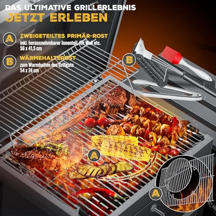 KESSER® Grill Grillwagen BBQ Smoker XL Holzkohlegrill mit Deckel, Rädern, Edelstahl-Griff, Grillrost und Thermometer, 8 Spieße mit Tasche & Silikon-Pinsel, Standgrill, Kohlegrillwagen – Bild 5