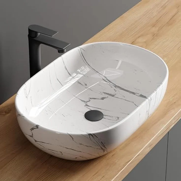 Planetmöbel Aufsatzwaschbecken Aquil Deluxe, 60 cm oval, marmor weiß, hochglänzend für Waschtisch – Bild 1