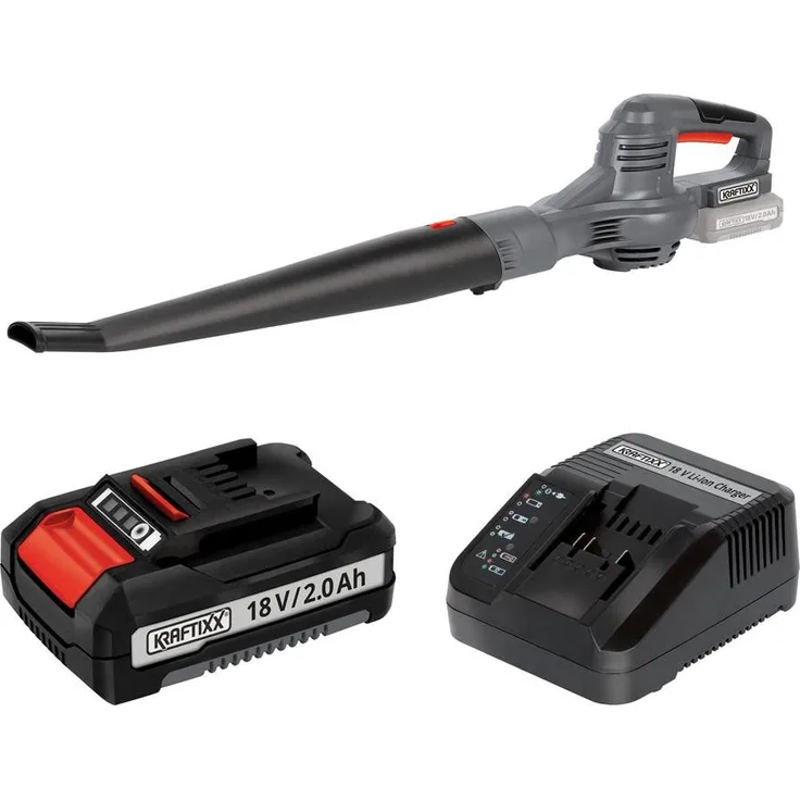 KRAFTIXX® Akku-Laubbläser KX-ALB 1821 Li 18V, Set mit 2,0 Ah Akku & Ladegerät, 210 km/h Blasgeschwindigkeit, kompatibel mit Einhell Power X-Change