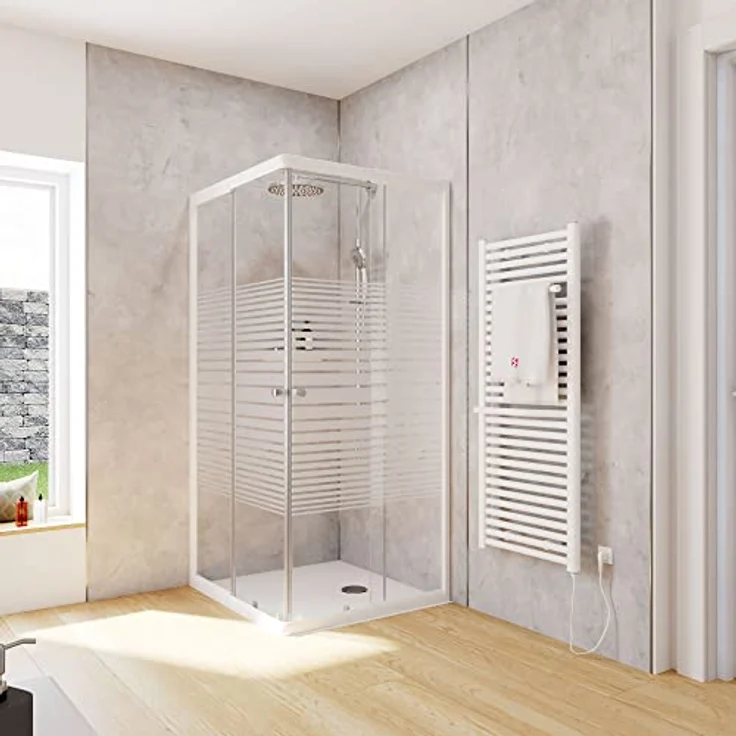 Schulte Duschkabine Corner Eckeinstieg, Schiebetüren Alpinweiß, 4 mm Sicherheitsglas (ESG), Dekor Querstreifen, 90x80 cm, Montage auf Duschwanne oder Fliese – Bild 1