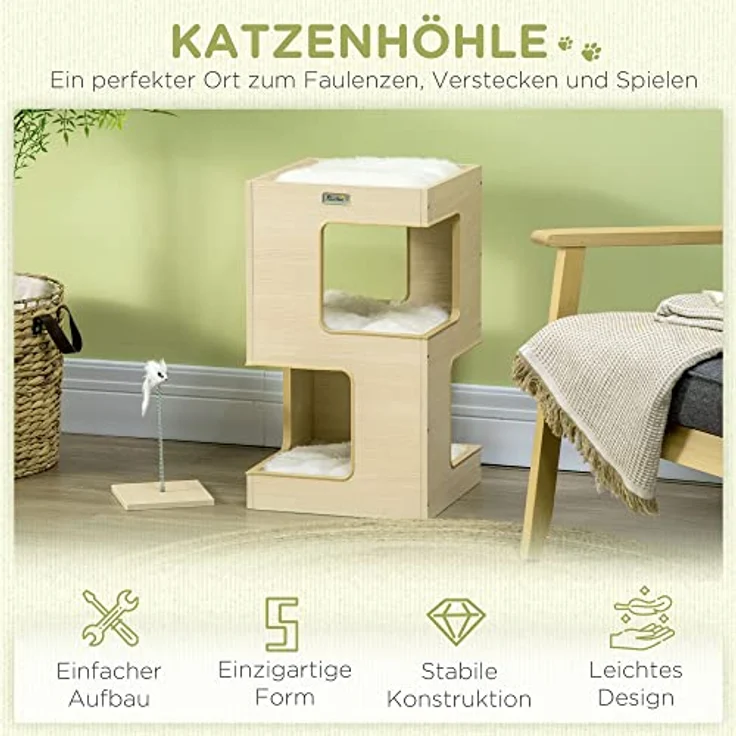 PawHut Tierhaus Katzentonne, KatzenhГ¶hle, 2 Ebenen, inkl. Spielzeug, Eiche, 34L x 34B x 60H cm, Weiche Polsterung, Mausspielzeug, Geeignet für Katzen unter 5 kg – Bild 6
