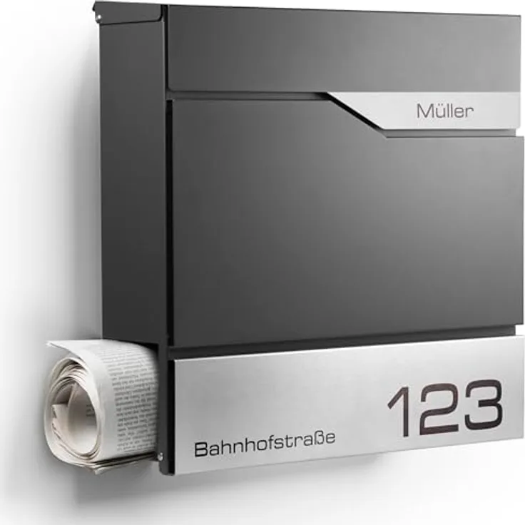 NewHabitat Moderner Briefkasten Personalisierbar Manhattan Anthrazit RAL7016 mit Zeitungsfach, Edelstahl Namensschild und Hausnummer Gravur - Rostfrei und UV-beständig