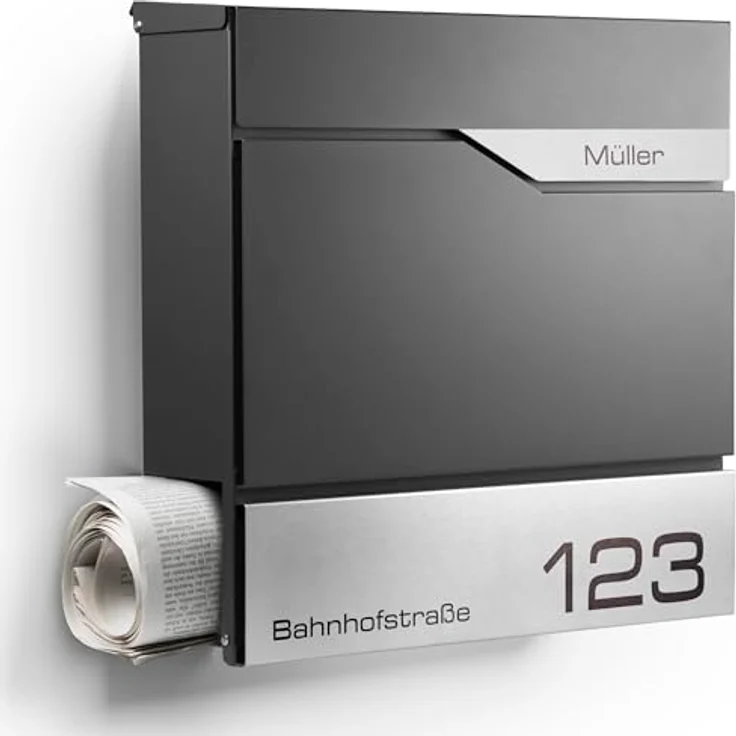 NewHabitat Moderner Briefkasten Personalisierbar Manhattan Anthrazit RAL7016 mit Zeitungsfach, Edelstahl Namensschild und Hausnummer Gravur - Rostfrei und UV-beständig – Bild 1