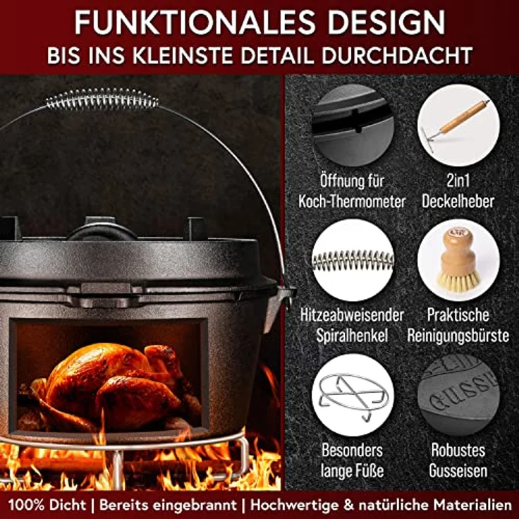 GUSSKÖNIG Dutch Oven Set [4.5L] ohne Füße - Eingebrannter Feuertopf mit innovativem 2in1 Deckelheber, Untersetzer, Reinigungsbürste und Rezeptbuch - für Abenteurer – Bild 4