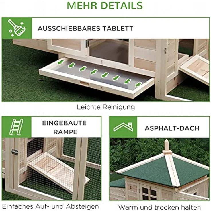 PawHut Hühnerstall mit Auslauf, Nistkasten, Stange, aus Kiefernholz, für Zwerghühner, Natur – Bild 6