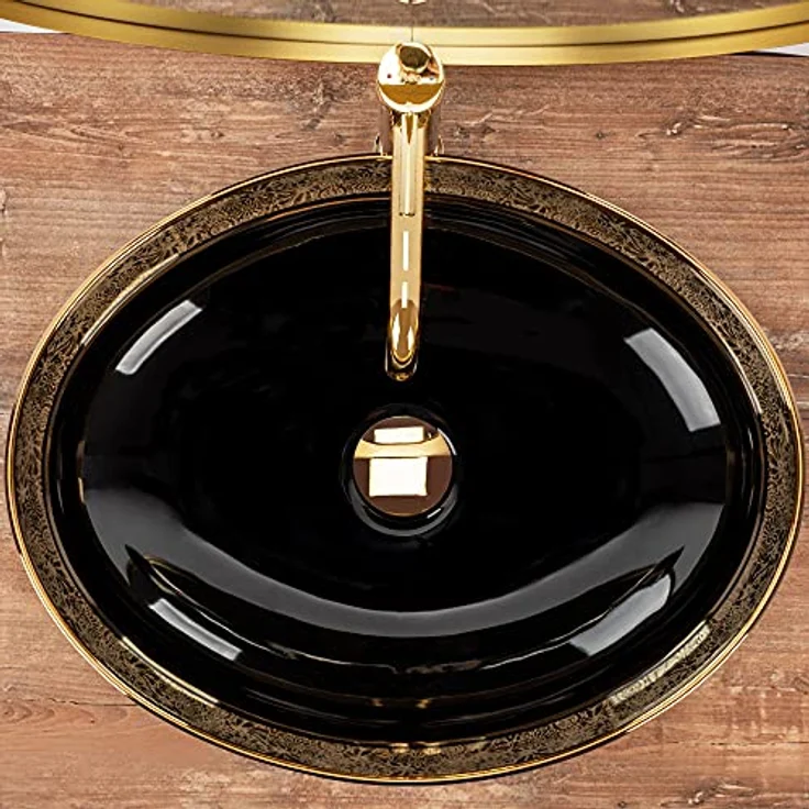 Rea Waschbecken Waschtisch Aufsatzwaschbecken Keramik Handwaschbecken Aufsatz Waschschale Gold Schwarz Rund 40x52 – Bild 2