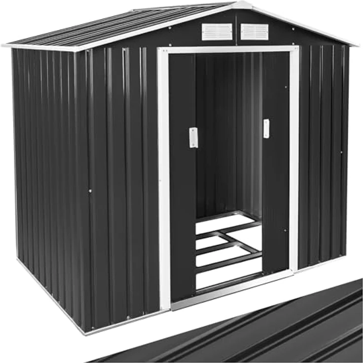 tectake® Metall Gartenhaus mit Satteldach, Geräteschuppen Garten mit Schiebetür, Gerätehaus mit Metallfundament, als Gartenschuppen, Gartenhütte oder Fahrradgarage, 4 m³ Lagerfläche - grau/weiß – Bild 1