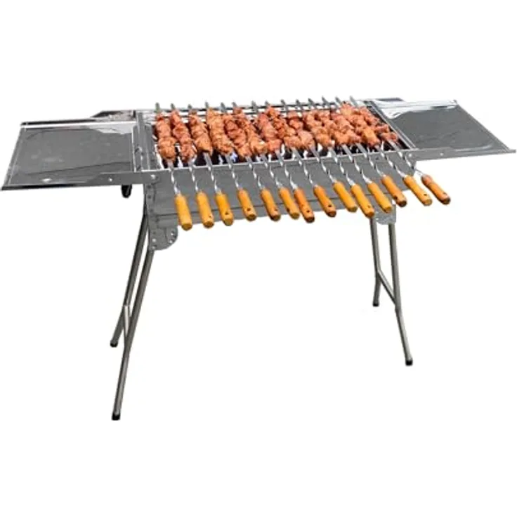 walexo Familien Grill Mangal inkl. aus Edelstahl Schaschlik und BBQ Kohlegrill Säulengrill Standgrill (mit 14 Edelstahlspieße)