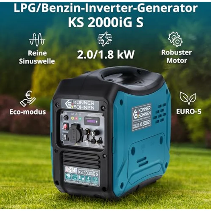 Könner & Söhnen KS 2000iGS Gas Benzin Stromaggregat 2000 Watt, leiser Betrieb, kompakte Bauweise, Notstrom – Bild 2