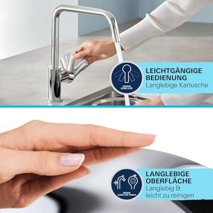 Grohe Start Edge, Einhand-Küchenarmatur Hochdruck, chrom, mit herausziehbarer Laminarbrause und schwenkbarem Auslauf – Bild 5