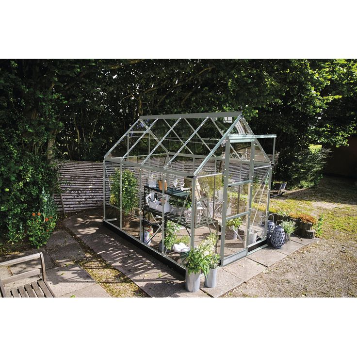 Halls Gewächshaus 'ICON 6', 4,9 m² mit 3 mm Blankglas und aluminiumfarbenem Aluminiumgestell, komfortable Seitenhöhe, Dachfenster, optimierte Dachneigung