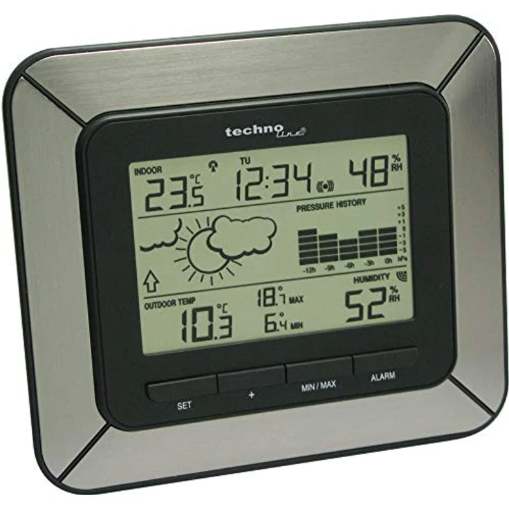 Technoline Wetterstation WS 9273-IT, Aluminium-Optik mit Wettervorhersage, 12h Luftdruckhistorie, Innen- und Außentemperatur, Weckalarm mit Schlummerfunktion – Bild 3