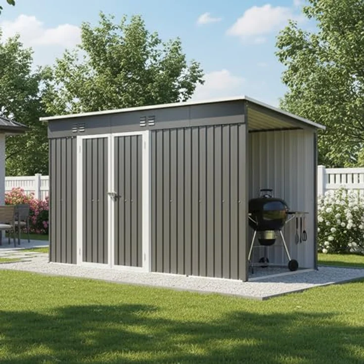 Thanaddo Metall Gerätehaus 311x123x181 cm, wetterfest mit Holzunterstand und Lüftungsgitter, grau – Bild 2