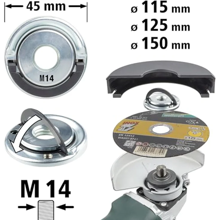Wolfcraft Schnellspannmutter M14 2463000, Zubehör für Winkelschleifer mit 45 mm Durchmesser, werkzeugloser Wechsel von Trenn- und Schleifscheiben bis 125 mm – Bild 2
