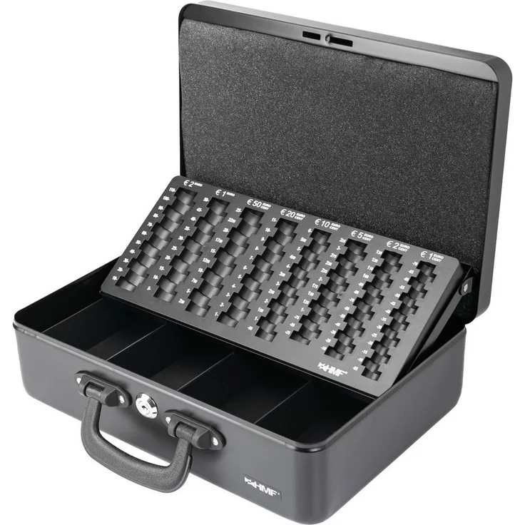 HMF Geldkassette Abschließbare Bargeldkasse mit EURO-Münzzählbrett und Scheinfach, Geldzählkassette mit 2 Tragegriffen, schwarz