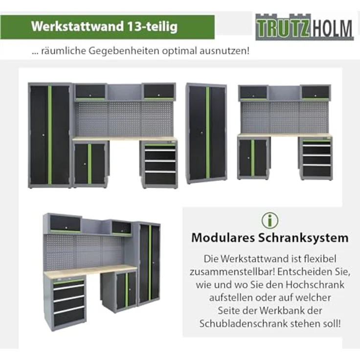 TRUTZHOLM Werkstattwand Werkstattschranksystem Werkstatteinrichtung 13-TLG. | flexibel zusammenstellbar, abschließbar, Hochschrank, Hängeschränke, Unterschränke mit Gasdruckfedern (Schwarz/Grau/Grün) – Bild 3