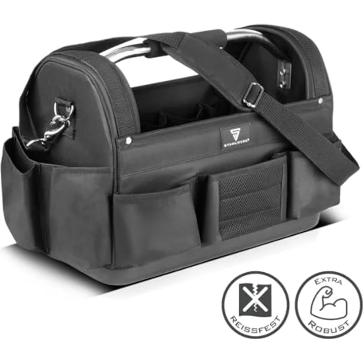 STAHLWERK Werkzeugtasche - 11 Außentaschen, 10 Innentaschen, tragbare Installateur-Tasche aus strapazierfähigem Polyester mit Tragegriff und Schultergurt – Bild 2