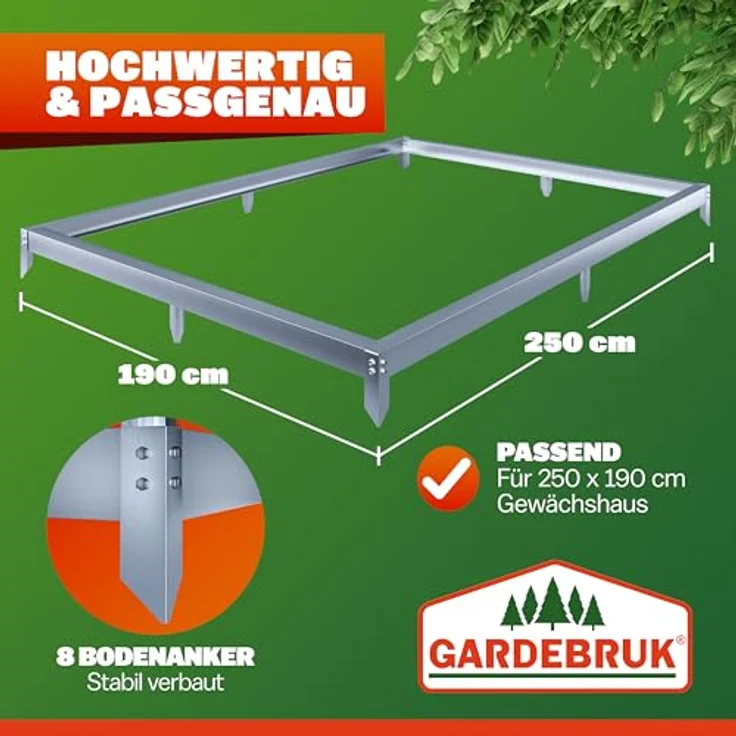 Gardebruk® Fundament für Gewächshaus 250x190 cm, verzinktes Stahlfundament mit Montagematerial und Bodenverankerung – Bild 3