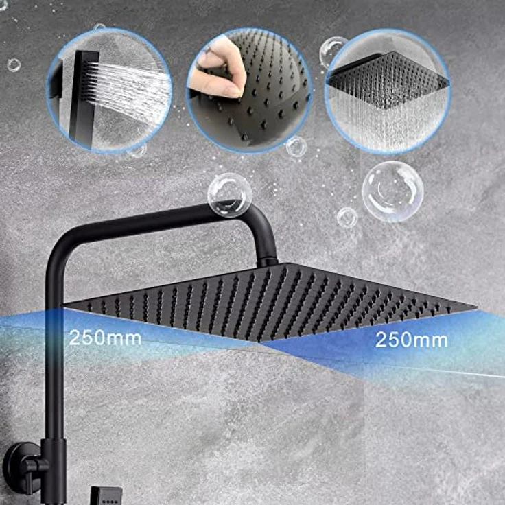 JOHO Thermostat Duschset, wassersparendes Duschsystem mit XL Kopfbrause 25x25cm, Thermostatarmatur und Handbrause, Edelstahl, matt schwarz – Bild 3