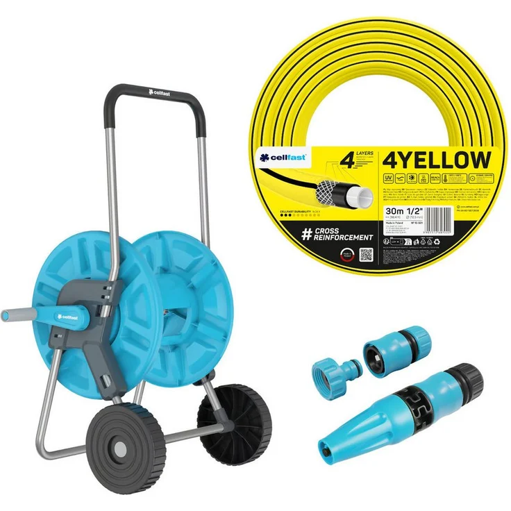 Cellfast Aluplus Schlauchwagen 1/2" 60 m mit 4YELLOW Gartenschlauch 30 m, Basic Sprühkopf, UV-resistent, Anti-Algen, flexibles Design