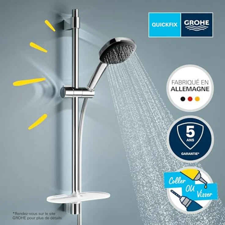 Grohe Vitalio Comfort 110 QuickFix Brausestangenset, Duschsystem mit 600mm Länge, inkl. Duschablage, geeignet zum Kleben oder Bohren – Bild 3