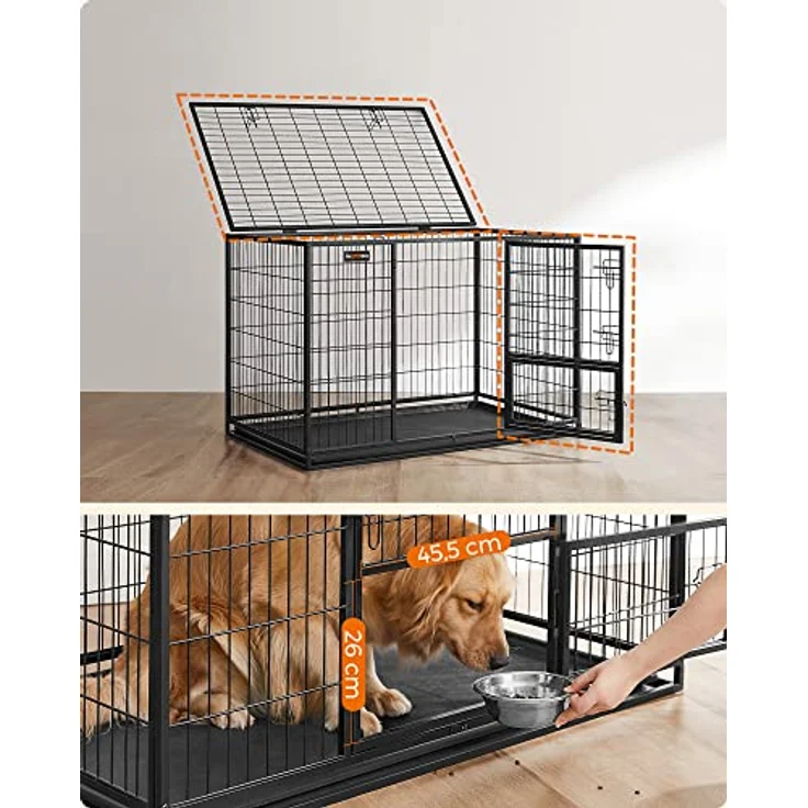 Feandrea Hundekäfig hochbelastbar, Gitterbox für mittelgroße, große Hunde, 122 x 75,5 x 80,5 cm, sicher, 2 abnehmbare Türen, Welpenauslauf, XXL, tintenschwarz – Bild 5