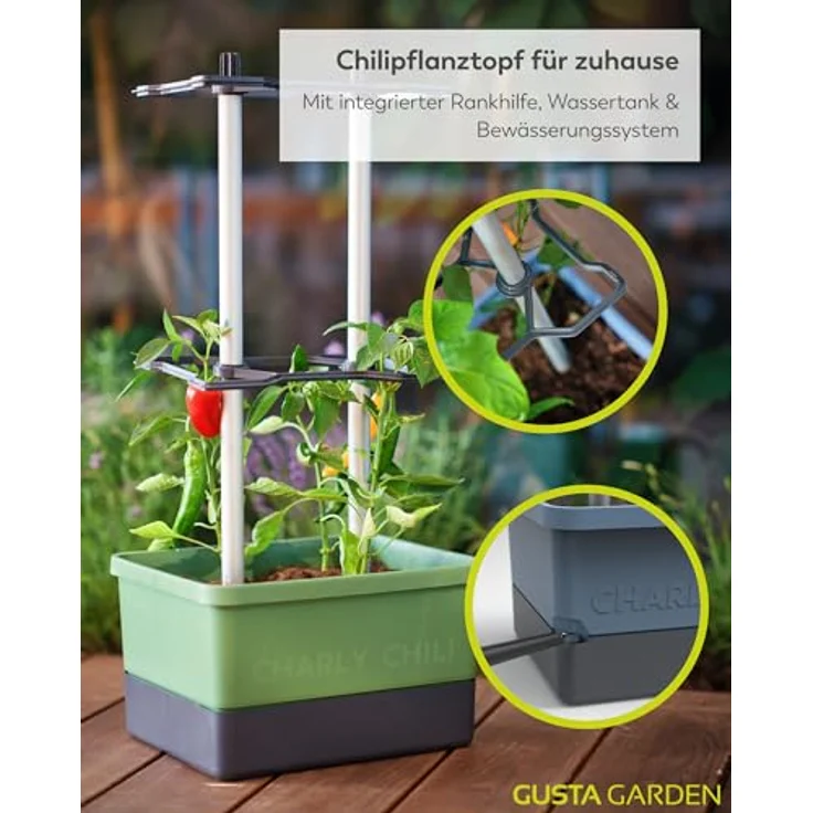 Gusta Garden Pflanzkübel CHARLY CHILI, mit automatischem Bewässerungssystem und stabiler Rankhilfe, Dunkelgrün – Bild 2