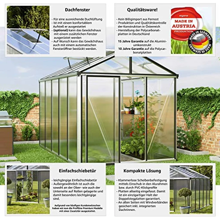 GFP Gewächshaus Diamas 23 Premium 235x385 cm mit integriertem Fundament 16 mm Doppelstegplatten, Farbe Aluminium Natur - Made in Austria – Bild 4