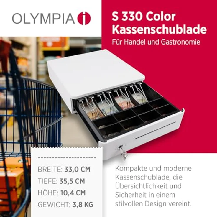 Olympia S 330 Kassenlade, Geldkassette mit 8 Münzfächern, 4 Scheinfächern, Mikroschalter, Farbe Weiß – Bild 2