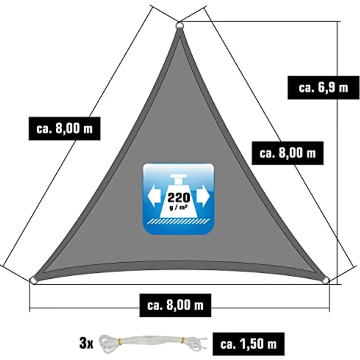 AMANKA 90% UV Schutz: 8x8x8 Sonnensegel Dreieckig Wasserdurchlässig - Terrassendach Sonnenschutz Dreieck - Sonnensegel Garten Sonnenschutz für Trampolin Sonnensegel Pergola Dreieckig Sonnensegel Pool – Bild 5
