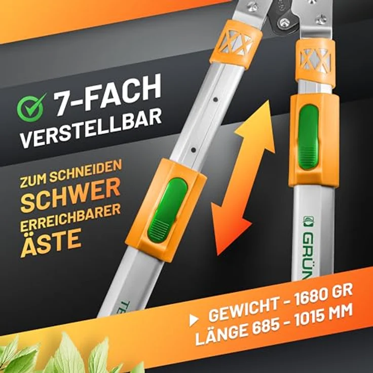 GRÜNTEK Teleskop-Astschere SK5-Karbonstahl, 7-fach verstellbar (685-1015 mm), präzisionsgeschliffen, mit Anti-Rutsch-Griffen und SMART-Cut Technologie – Bild 4