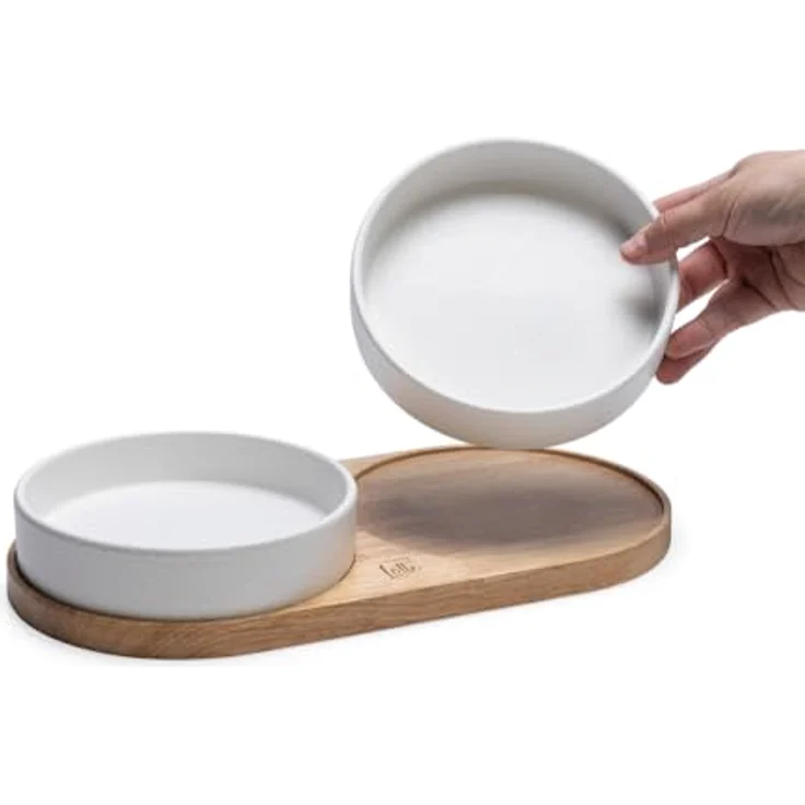 Designed By Lotte Napf-Set Hunde Dinnerset Lojs aus Keramik weiß, elegantes Holzrahmen-Design, spülmaschinenfest – Bild 2