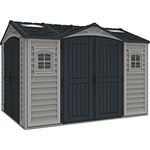 Duramax Apex Pro Plus Gartenhaus aus Kunststoff, 26,7 x 20,3 cm, Doppeltüren, Metall-Fundament, 2 feste Fenster, 2 Dachfenster-Sets, Adobe/Dunkelgrau