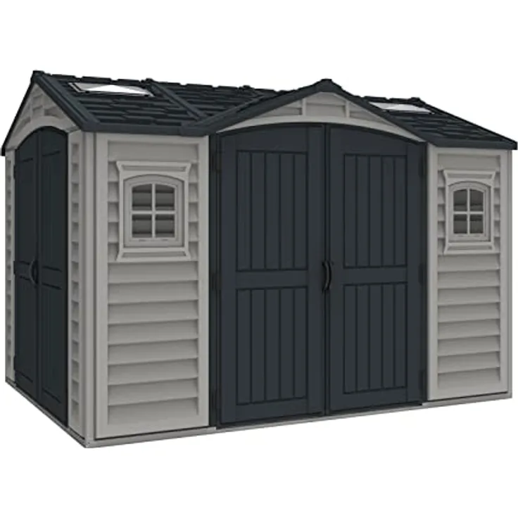 Duramax Apex Pro Plus Gartenhaus aus Kunststoff, 26,7 x 20,3 cm, Doppeltüren, Metall-Fundament, 2 feste Fenster, 2 Dachfenster-Sets, Adobe/Dunkelgrau