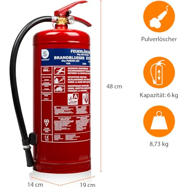 Smartwares ABC Feuerlöscher 6 Kg- Pulverlöscher mit Halterung, Manometer und Schlauch, BB6 – Bild 3