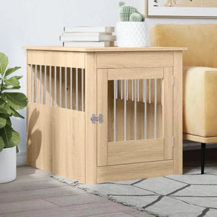vidaXL Hundekäfig im Möbelstil, Sonoma-Eiche 64,5x80x71cm Holzwerkstoff, Abschließbar Hundebox mit Tür, 2-in-1-Funktion – Bild 2