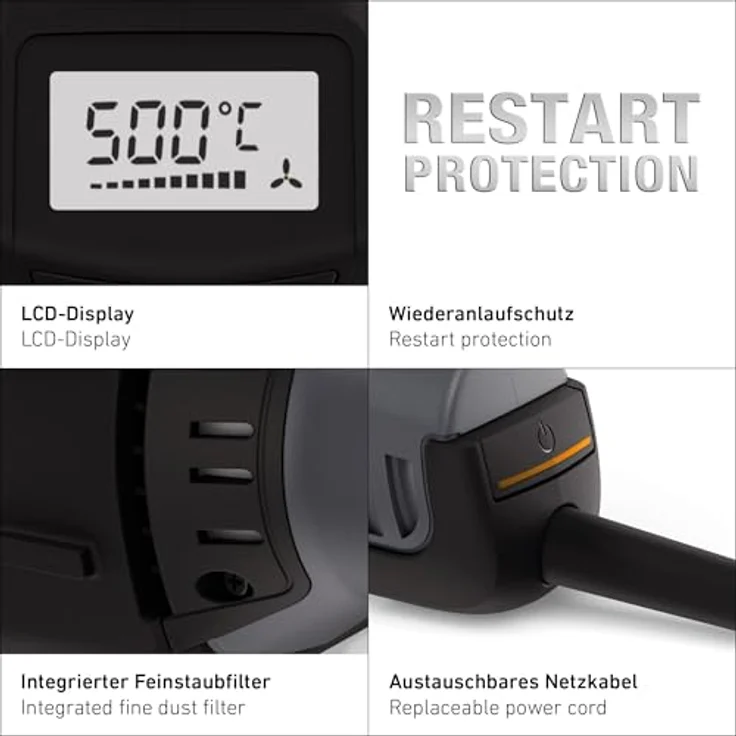 Steinel Heißluftpistole HM 2620 E, 2300 W Heißluftgebläse mit Temperaturregelung 50-700 °C, LCD-Display, komplettes Planen-Set inkl. Düsen und Andrückrolle – Bild 5