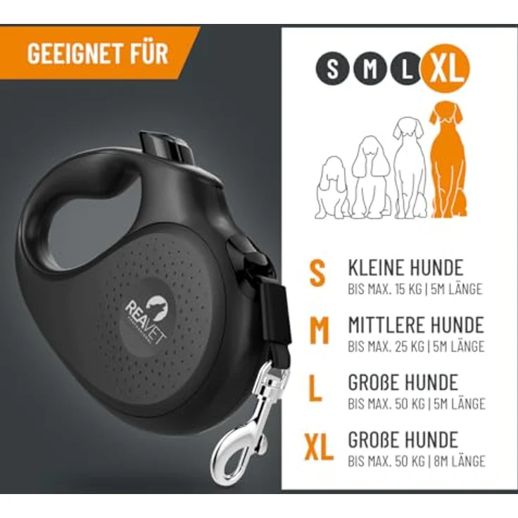 ReaVET Rollleine Hundeleine ausziehbar 8m für große Hunde (XL) I Ergonomischer & Rutschfester Griff I Hundeleine Einziehbar, Robuste Ausziehleine mit Brems-Stopp-System I Leine Hund bis 50kg – Bild 2