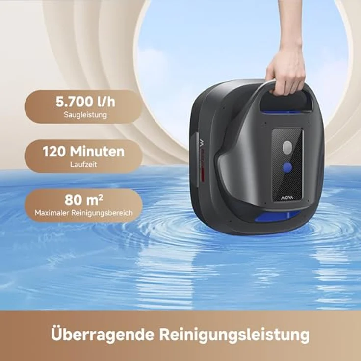 MOVA Diver R10, kabelloser Poolroboter mit 5700 l/h Saugleistung, 120 Min Laufzeit und automatischem Parken für oberirdische Pools bis 80 m² – Bild 2