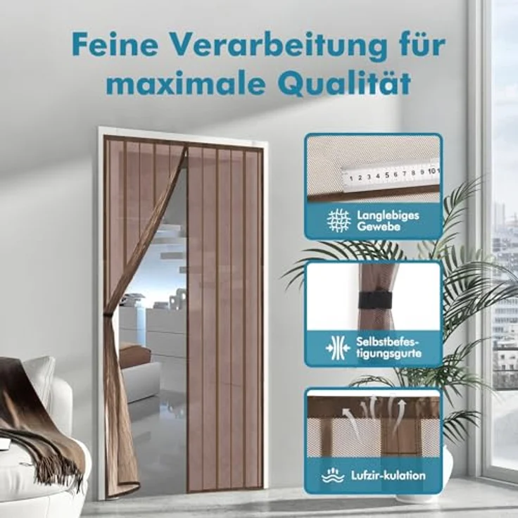 Sekey Magnet Fliegengitter Balkontür, Fliegenschutzvorhang ohne Bohren, Schiebetür Insektenschutz 100x220cm, Braun – Bild 3