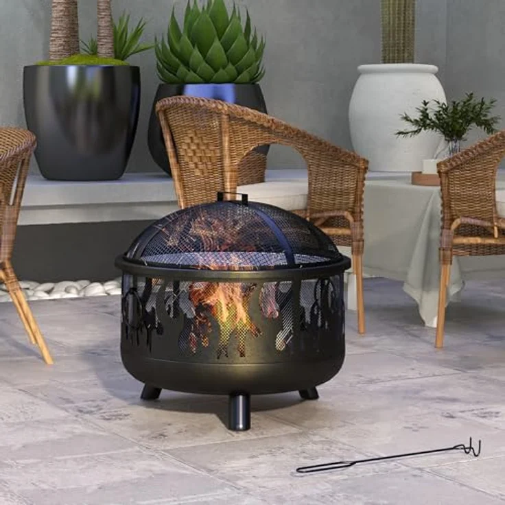 Outsunny 2-in-1 Feuerschale Feuerkorb Feuerstelle mit Funkenschutz Grillrost für Garten BBQ Metall Schwarz Ø61 x 55 cm – Bild 2