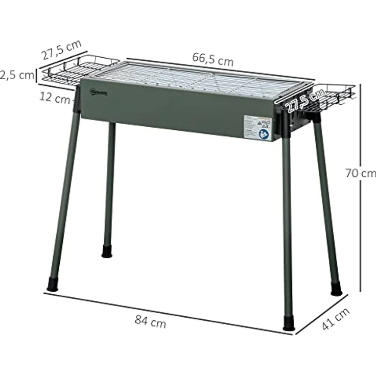 Outsunny Holzkohlegrill, Anti-Rutsches Campinggrill mit Grillrost, Grillrost-Clip, Seitenkörbe für Garten, BBQ Rostfreier Stahl+Verzinkter Metall Dunkelgrün 77 x 30 x 70 cm – Bild 3