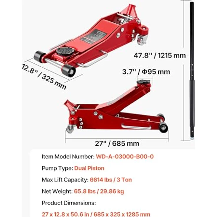 VEVOR Hydraulischer Rangierwagenheber 3 t, Flacher Aluminiumwagenheber mit Doppelkolben-Schnellhubpumpe, geeignet für Sportwagen und SUVs, Hubbereich 85-515 mm, Rot – Bild 7