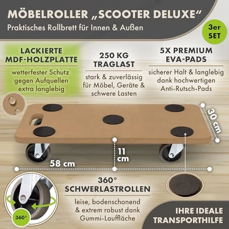 TTL HOME Möbelroller SCOOTER DELUXE 3er Set, lackiertes Rollbrett mit 250kg Traglast, 360° drehbare Gummi-Rollen, 5 Anti-Rutsch-Pads, für Indoor & Outdoor – Bild 2