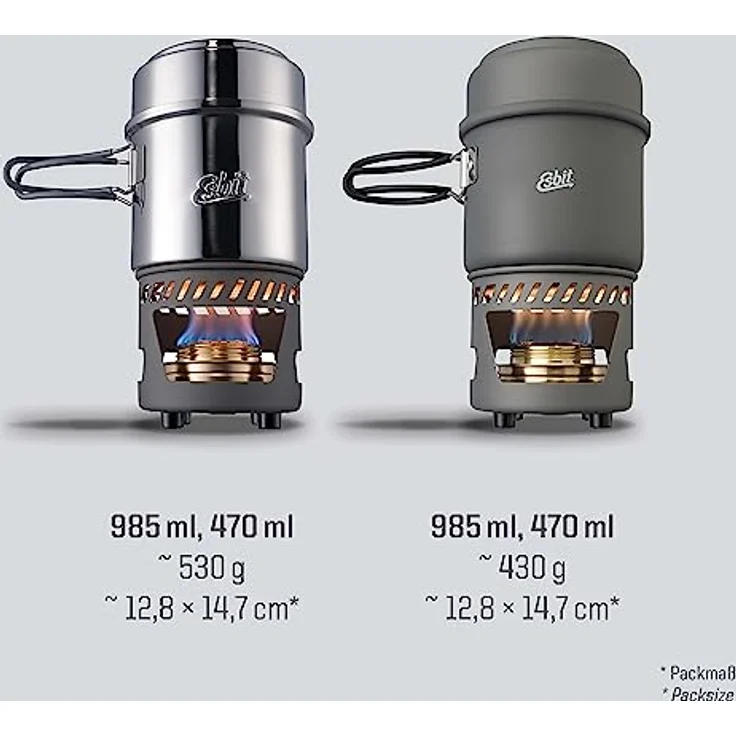 Esbit Campingkocher, kompakter Spiritus-Gaskocher mit 2 Edelstahltöpfen (985 ml und 470 ml), praktischem Netzbeutel und klappbarem Flammenregulierer, Aluminium Stand mit Brenner – Bild 4