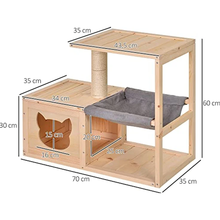 Pawhut Katzenhaus mit Hängematte, Katzenkiste mit Sisalstamm, Katzenhöhle, Katzenbaum, Katzenaktivitätszentrum, Tannenholz, Natur, 70 x 35 x 60 cm – Bild 3