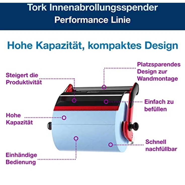 Tork Papierhandtuchspender W1, Wandhalterung für Großrollen bis 43 cm Breite, rot/schwarz, robuste Metallkonstruktion mit glasfaserverstärkter Abreißkante – Bild 2