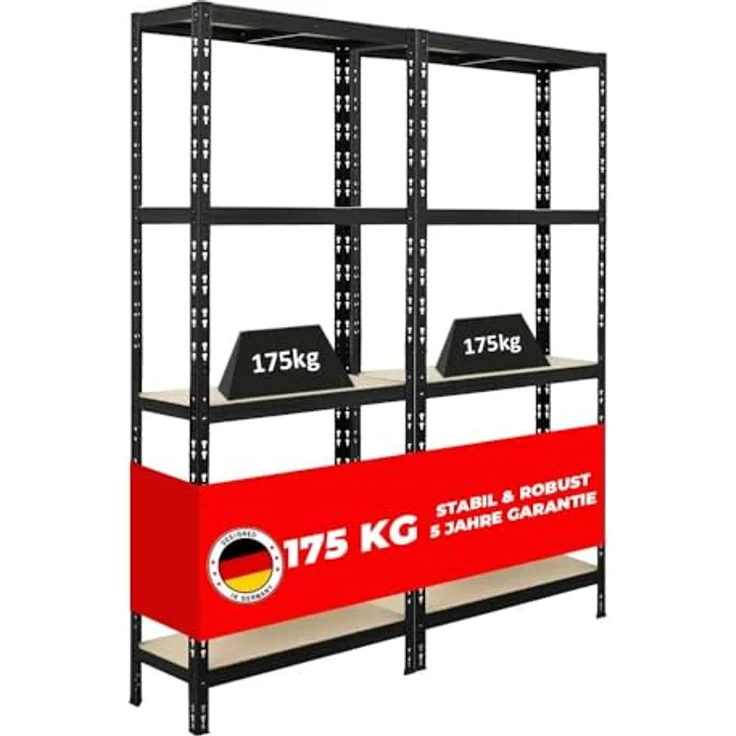 Proregal Schwerlastregal Mega Deal APOLLO, 5 Fachböden, Traglast 175 kg pro Boden, H 180 x B 75 x T 30 cm, Schwarz – Bild 1