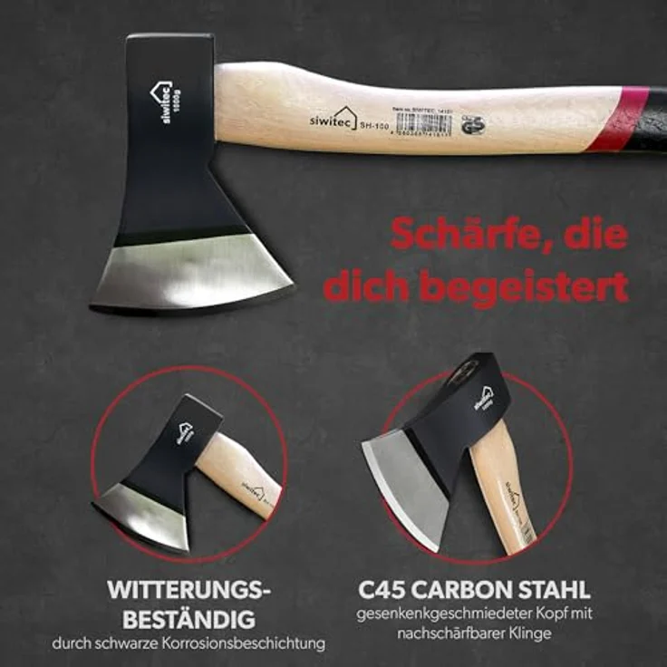 siwitec Holzaxt SH-100, Spaltaxt mit 1000 Gramm Kopfgewicht, Axt zum Holz spalten mit Hickory-Stiel und C45 Carbon Klinge, Beil, Spalthammer – Bild 4